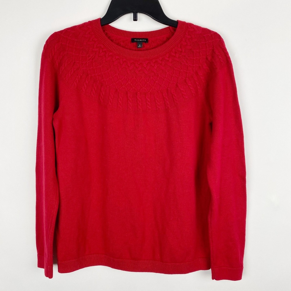 Talbots Sweater Womens Size Medium Red Cotton Cashmere Cable Knit‎ Yoke Pullover